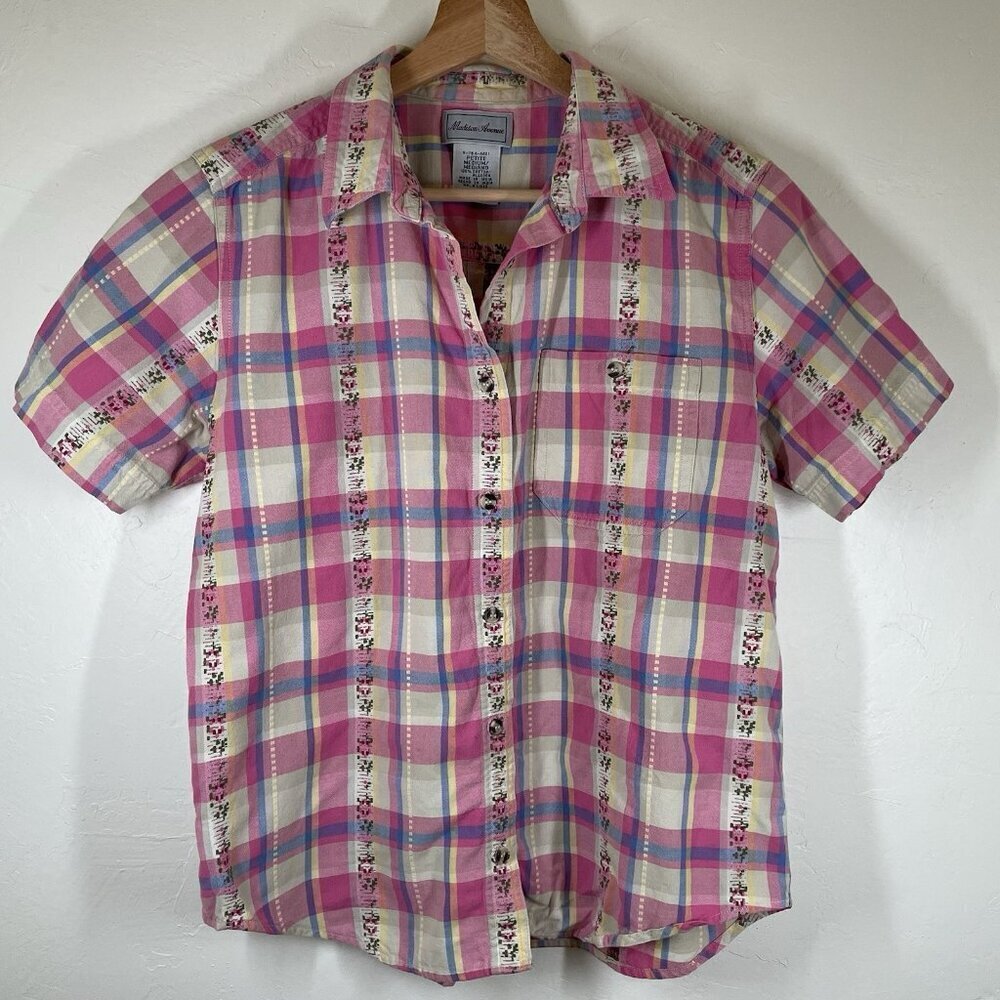 Vintage Madison Avenue Embroidered Pink Plaid Shirt M Petite Cottagecore Farmer